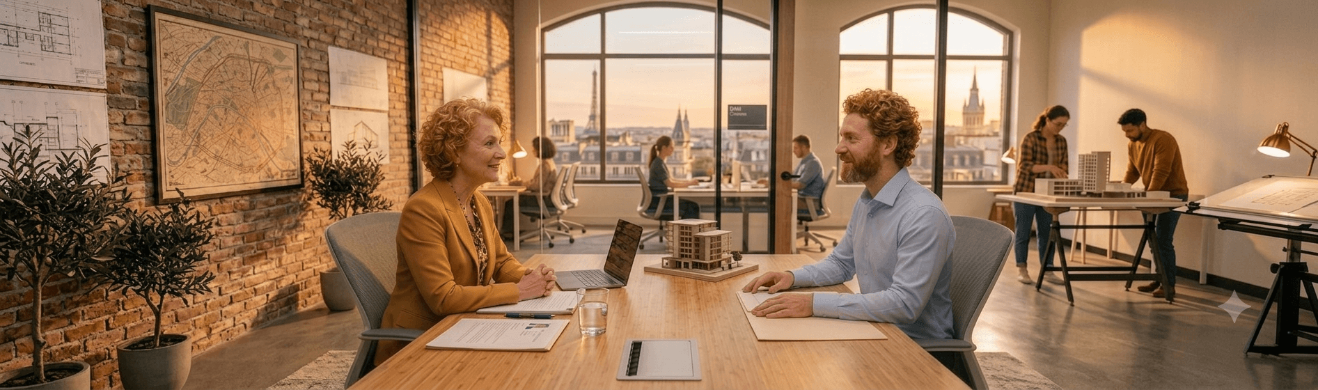 Two people discussing an architectural model in a design studio at sunset
