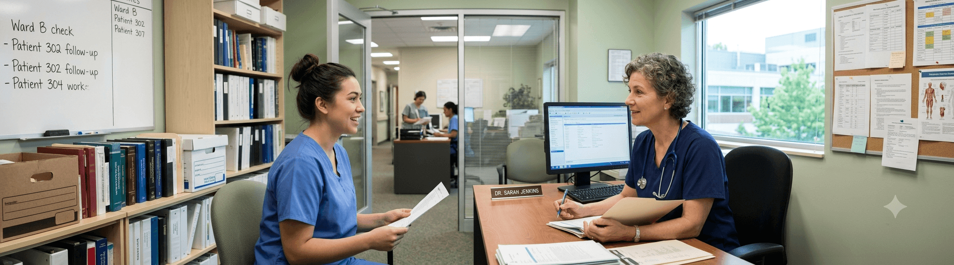 A nurse in scrubs in conversation with a doctor at a hospital ward desk